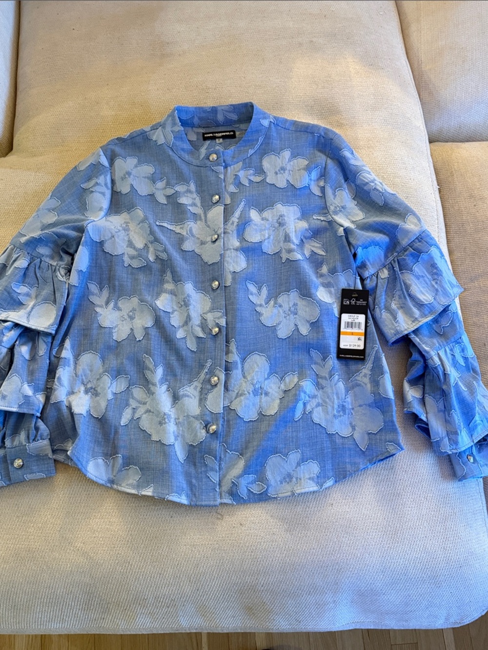 Karl Lagerfeld Light Blue Floral Ruffle-Sleeve Button Down Top